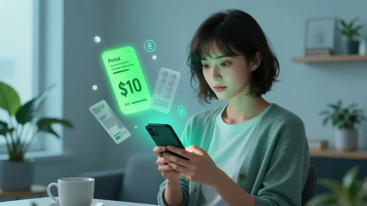 A young woman checks a pharmacy app, comparing generic and brand-name drug prices on her phone.