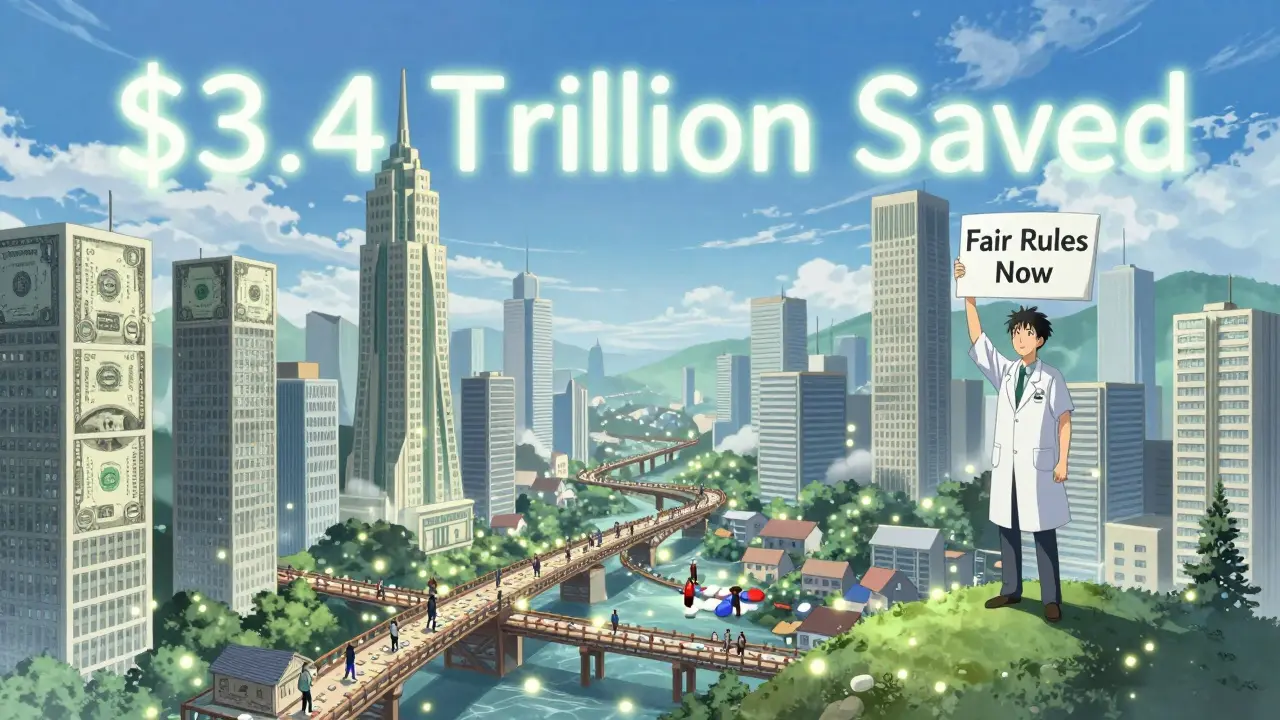 Abstract landscape of drug pricing: profit skyscrapers vs. pill bridges connecting patients, one worker stands tall.