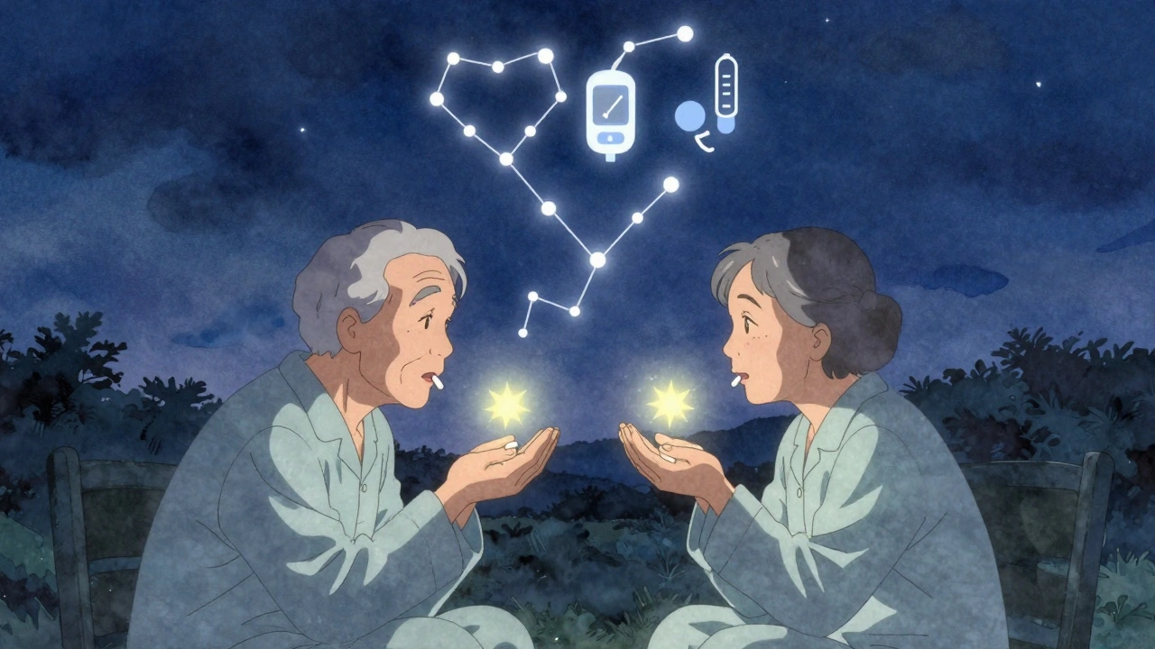 An elderly couple takes one pill each at night as medical icons form a glowing polypill in the sky.