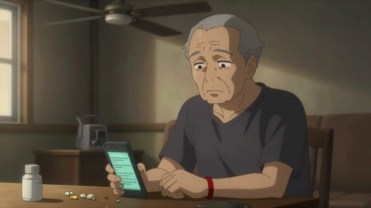An elderly man alone in a hot room, no sweat, phone message from a neighbor, pills on table.