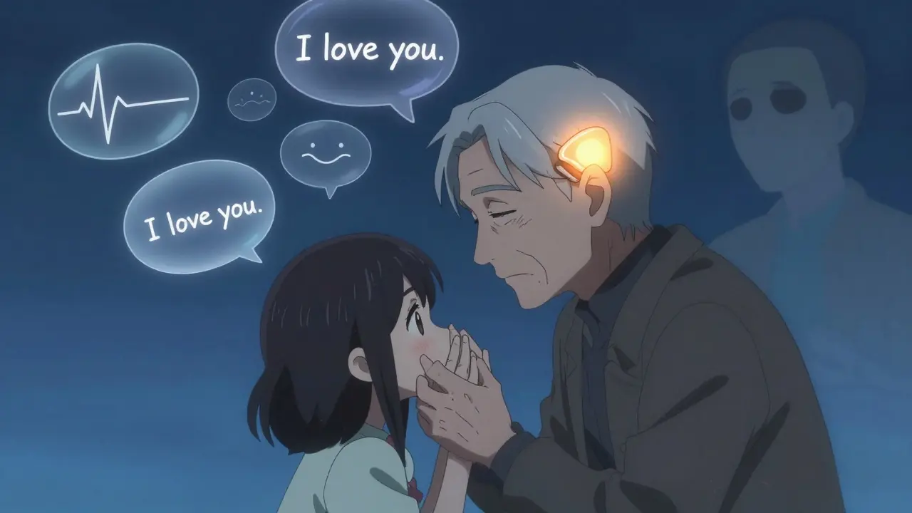 An elderly man holding his granddaughter as warm sound waves rise around them, symbolizing restored connection.