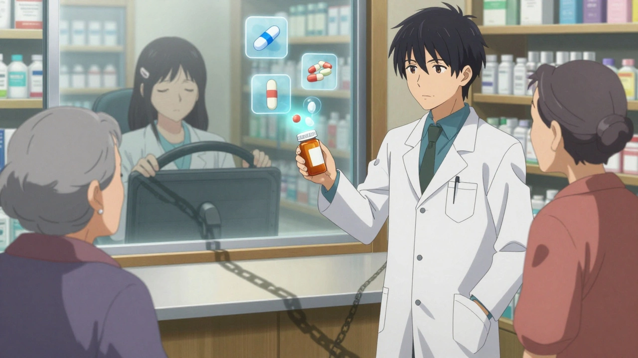 An elderly woman receives medication from a pharmacist, with floating drug icons casting shadowy chains of risk.