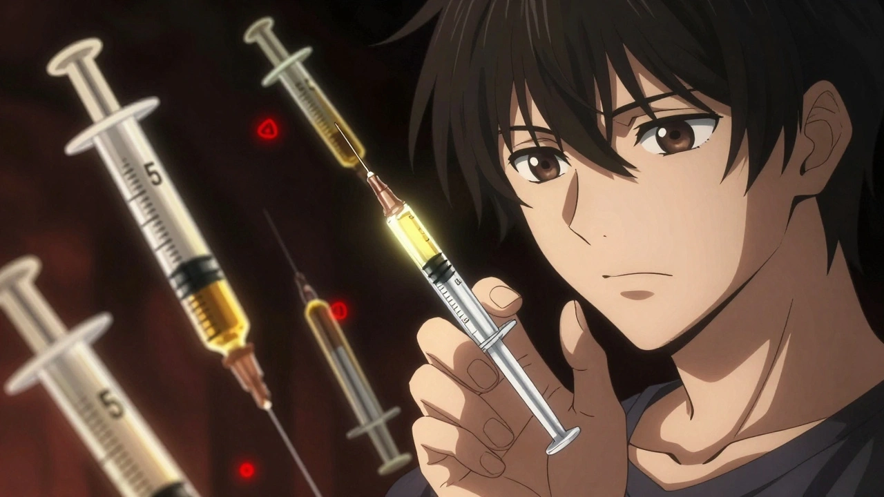 Close-up of precise insulin syringe with glowing unit markings, warning shadows around.