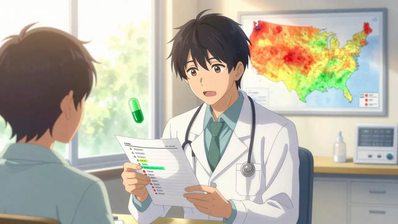 Doctor and patient reviewing medications, glowing safe alternative pill, heat map in background.