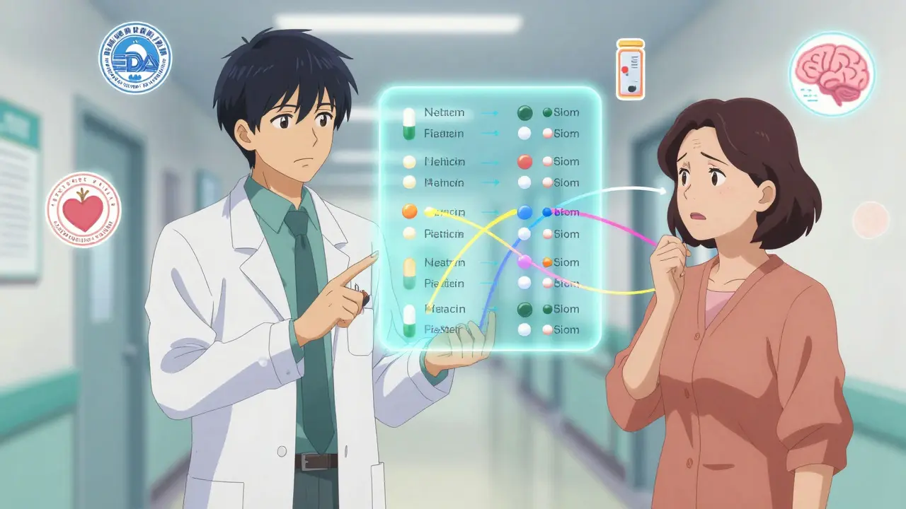 Doctor and pharmacist show a glowing bioequivalence chart to a patient gaining confidence.