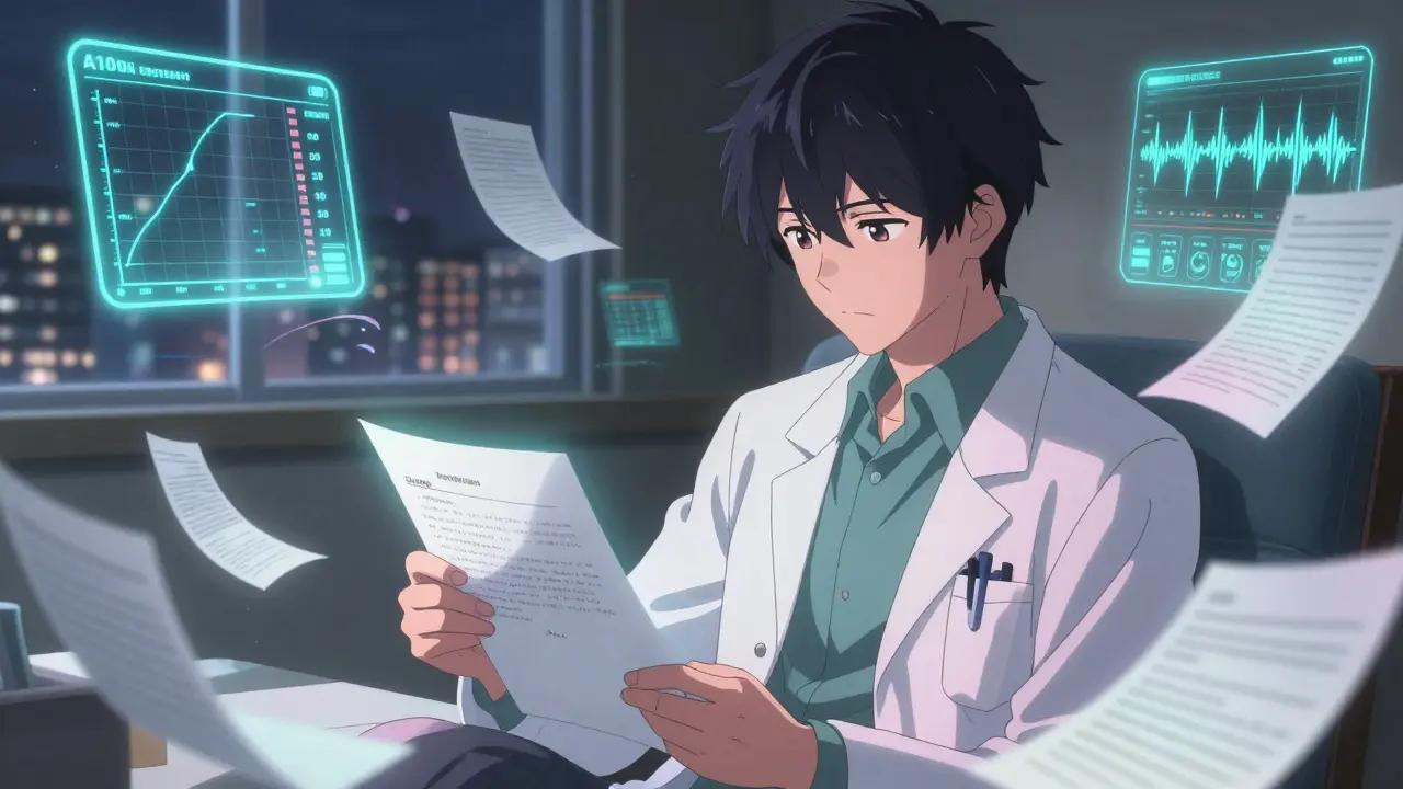 Doctor writing a medical appeal with floating lab data glowing in soft pink and teal light.