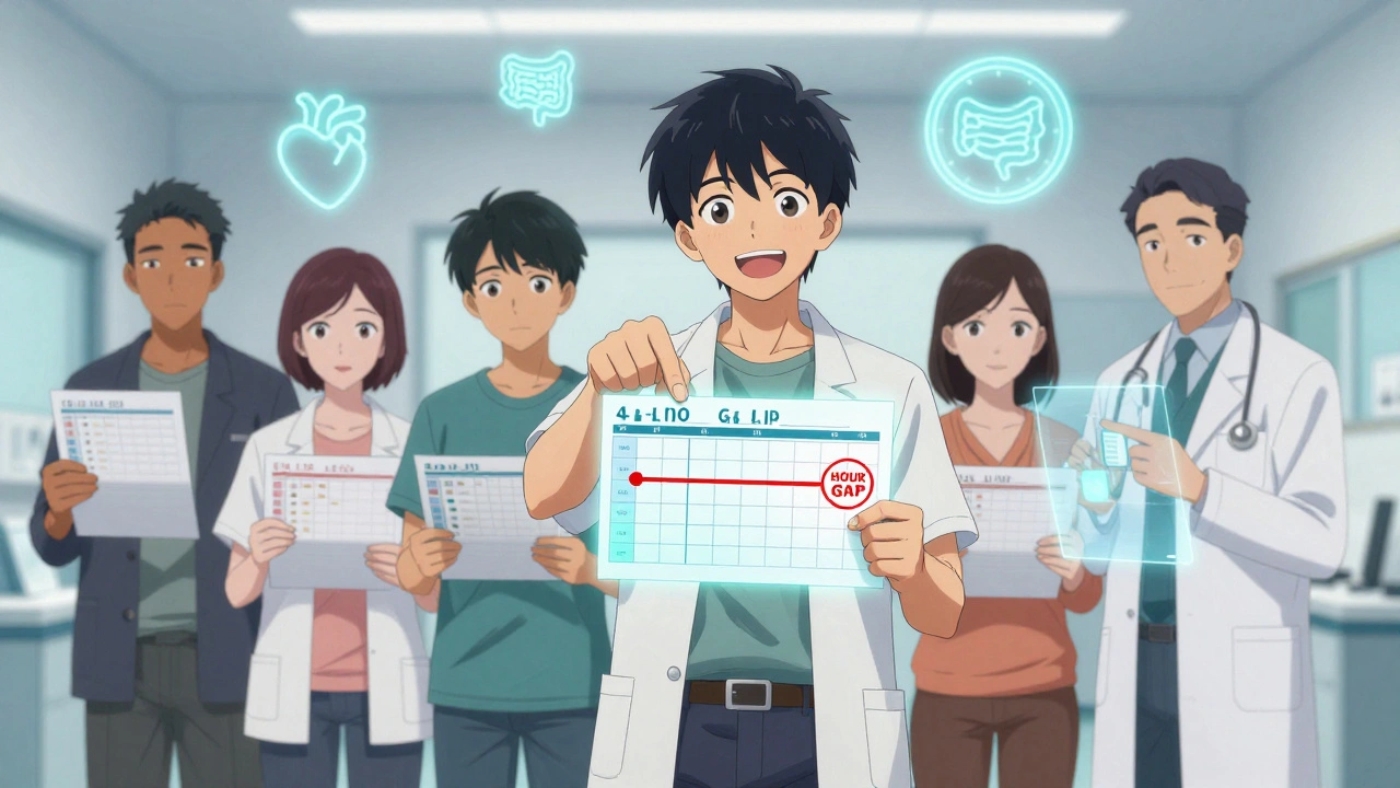 Group of young adults in clinic with personalized fiber and medication schedules on glowing charts.