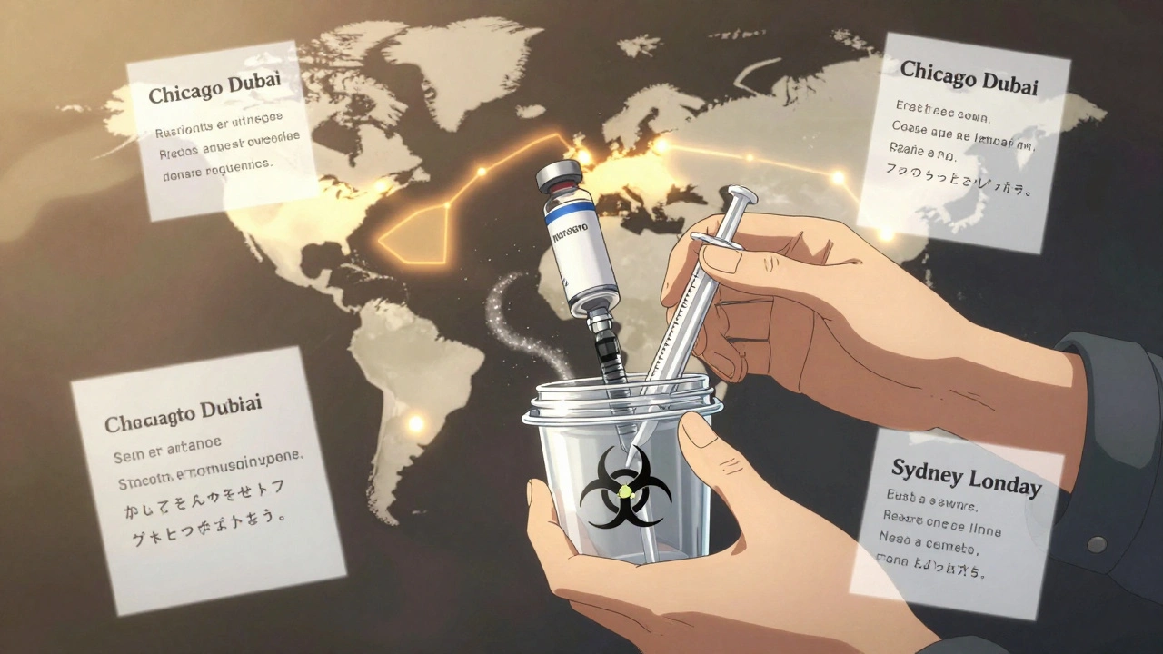 Hands carefully organizing insulin vials and syringes in a certified sharps container, with translated documents floating nearby.