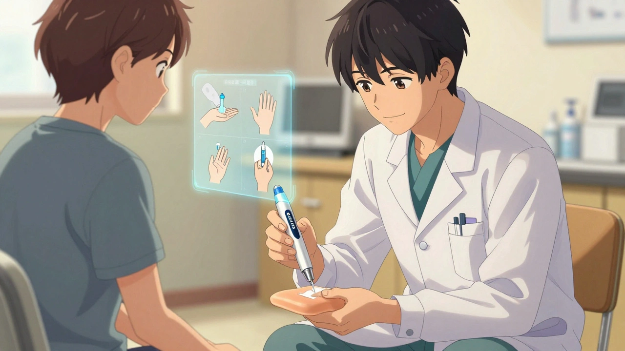 Healthcare provider guiding a patient through injection practice using a trainer device, with holographic safety tips floating nearby.