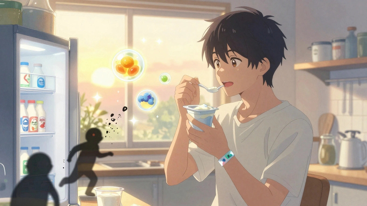 Man drinking yogurt peacefully, glowing lactose breakdown, shadowy false test symbols dissolving