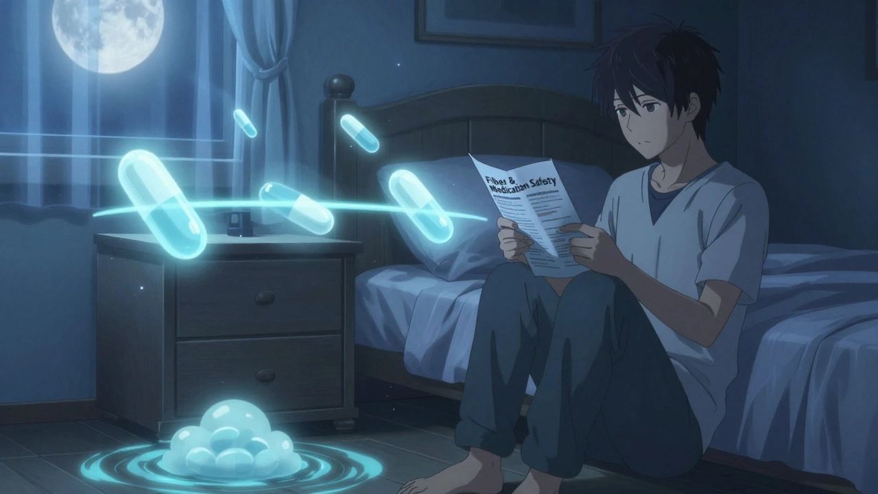 Man reading safety guide at night, glowing pills separated from fiber gel by a 4-hour time barrier.