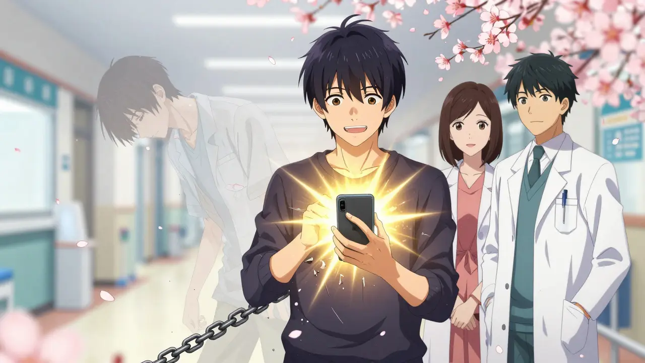 Patient celebrating approval as chains break into petals, supportive figures beside them.