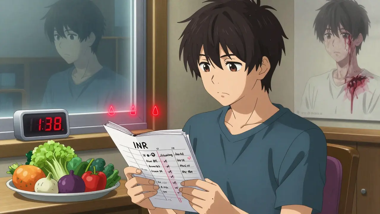 Patient logging INR readings with vegetables nearby, ghostly bleeding reflection in window.