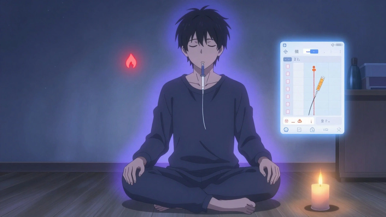 Person performing a calming breathing ritual before injection, with a floating app displaying injection log and soothing ambient light.