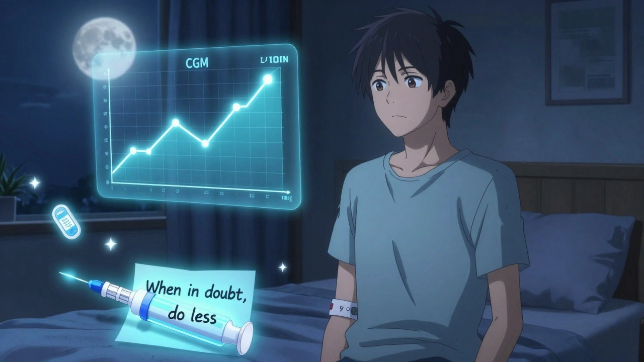 Person with medical bracelet in moonlight, glowing glucagon injector and CGM nearby.