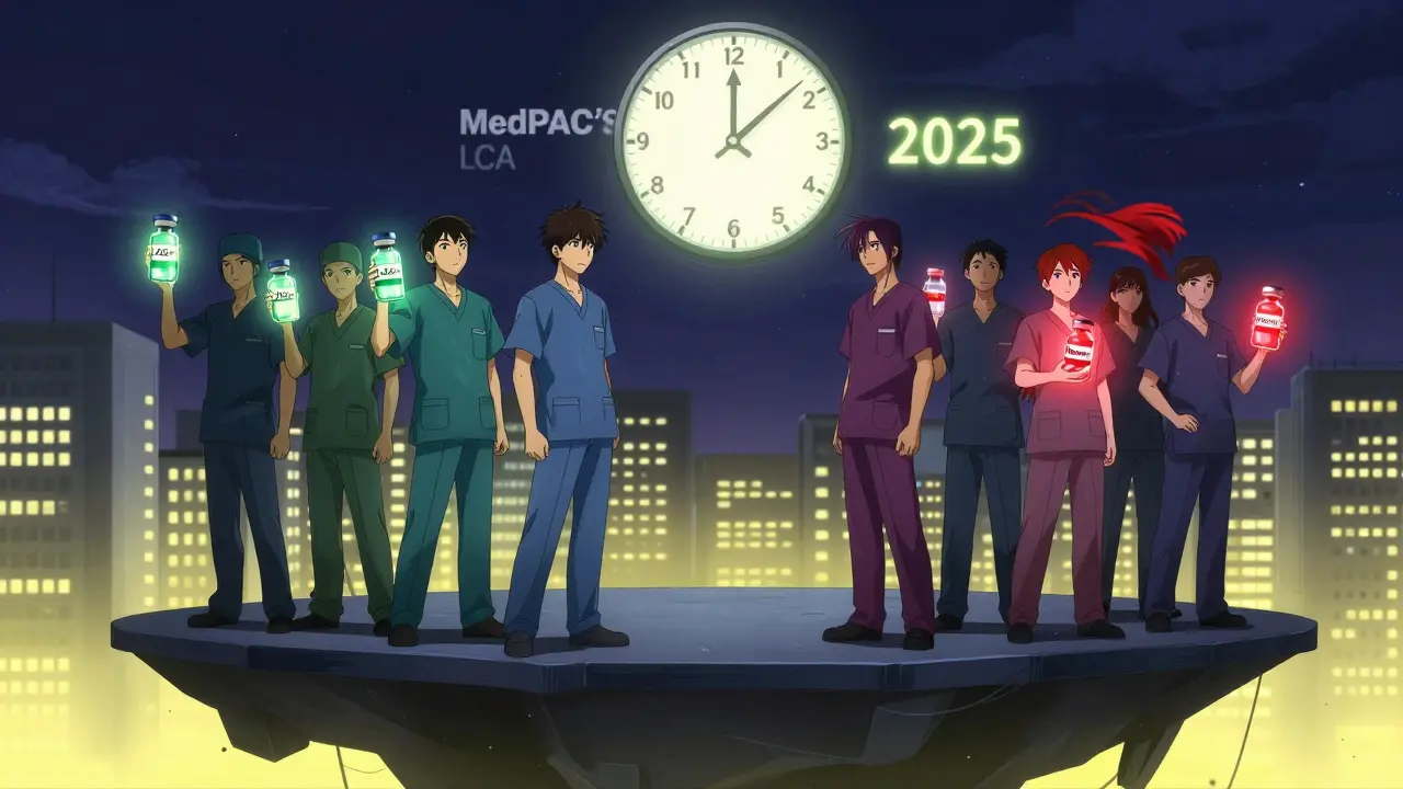 Providers divided over biosimilar adoption, with glowing vials and a looming 2025 reform proposal in the sky.