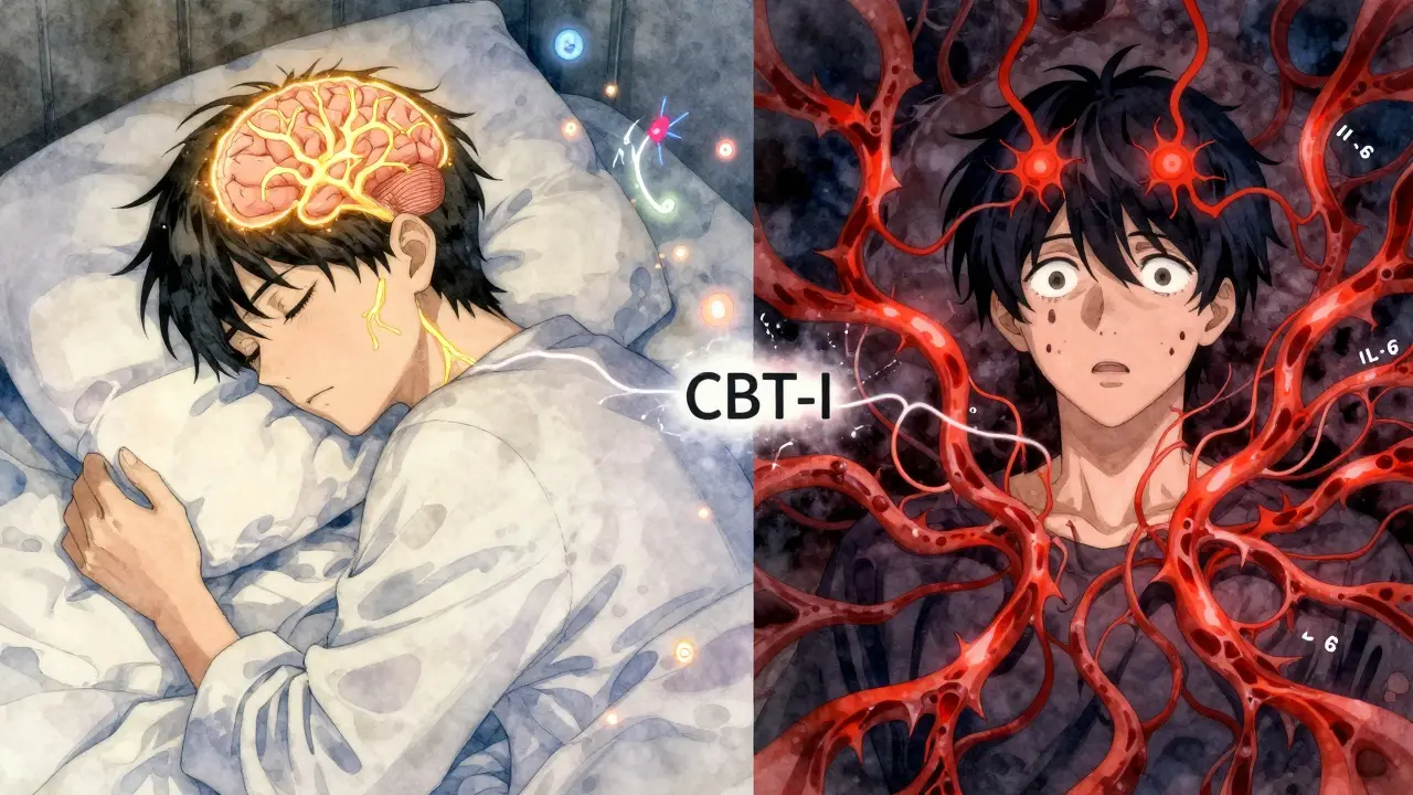 Split image: peaceful sleep with healing brain waves vs. awake state with inflamed pain signals.