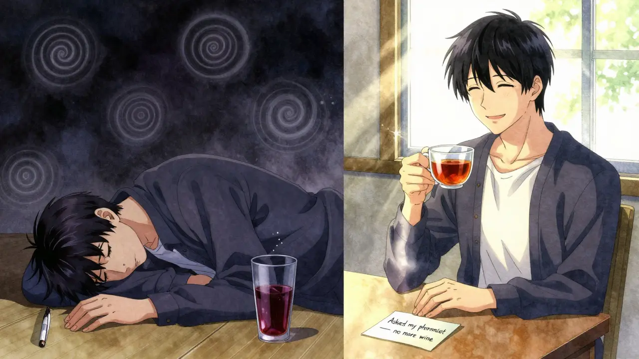 Split scene: a man unconscious after mixing meds and alcohol vs. him healthy with tea, symbolizing recovery.