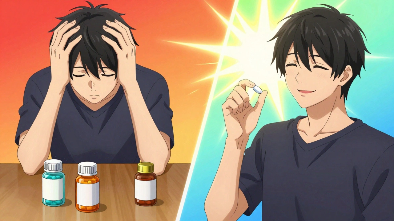 Split scene: cluttered pills vs. one pill, showing relief in hypertension management.