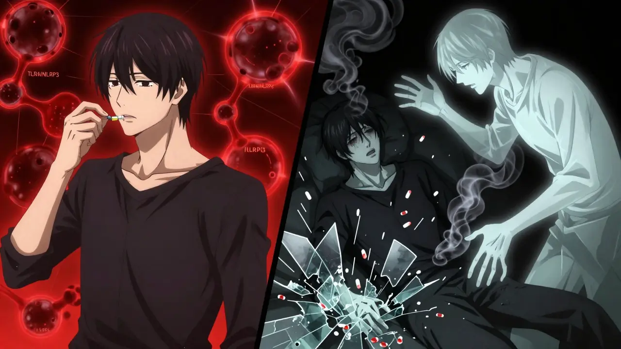 Split scene showing a person's past and present self, with dissolving pills and glowing inflammatory molecules symbolizing tolerance progression.