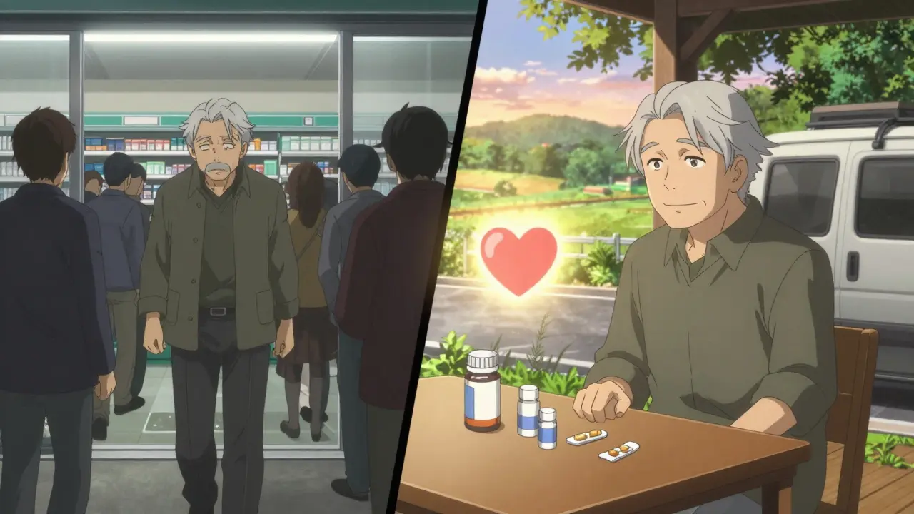 Split scene: stressed man at crowded pharmacy vs. calm man receiving meds at home.