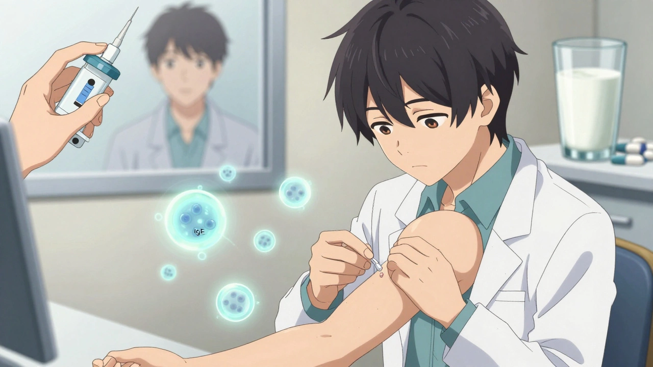 Teen receiving skin prick test with floating immune cells, split scene of emergency and management