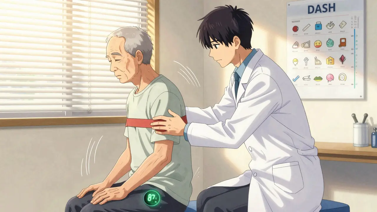 Therapist guiding elderly patient through hip abduction with resistance band, wearable sensor glowing green.