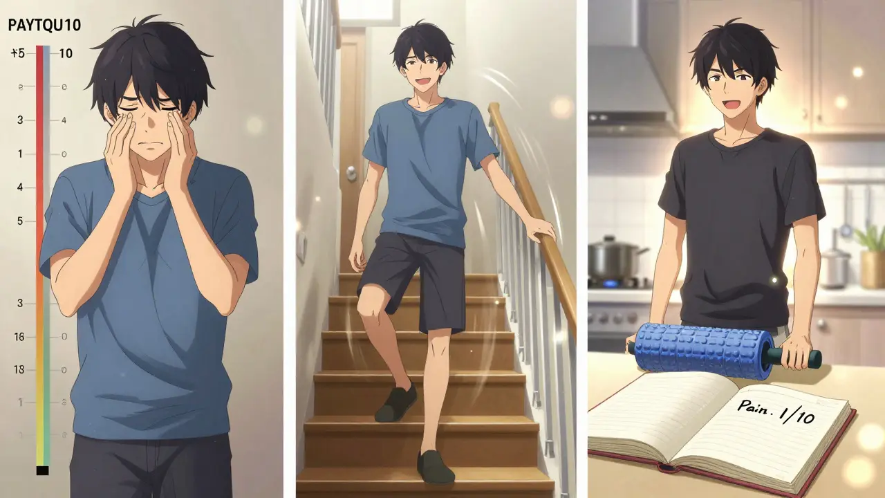 Three-panel montage showing pain reduction journey: struggle, progress, independence in daily life.