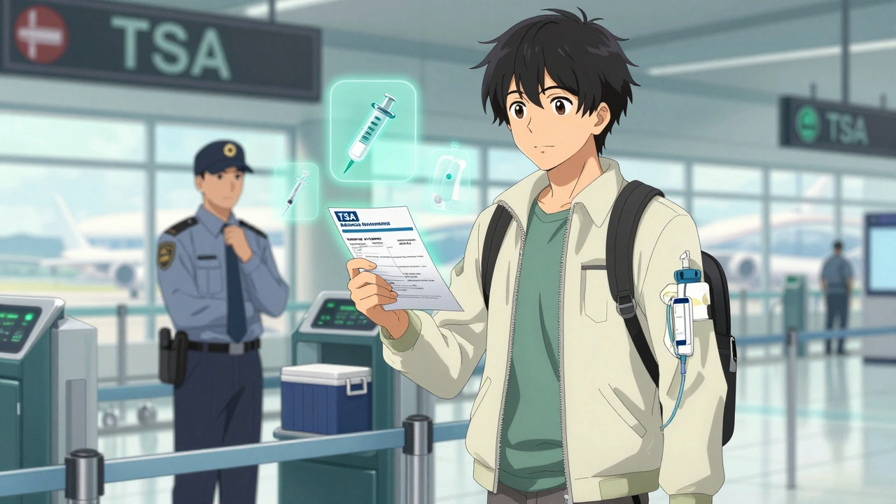 Traveler with an insulin pump walks through PreCheck, holding a doctor’s note and TSA guidelines, surrounded by floating medical icons.
