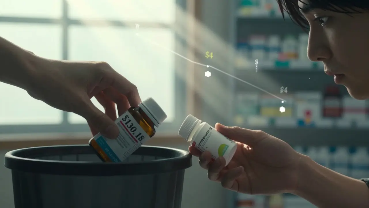 Two hands choosing between expensive brand-name drug and cheap generic, sunlight highlighting the decision.
