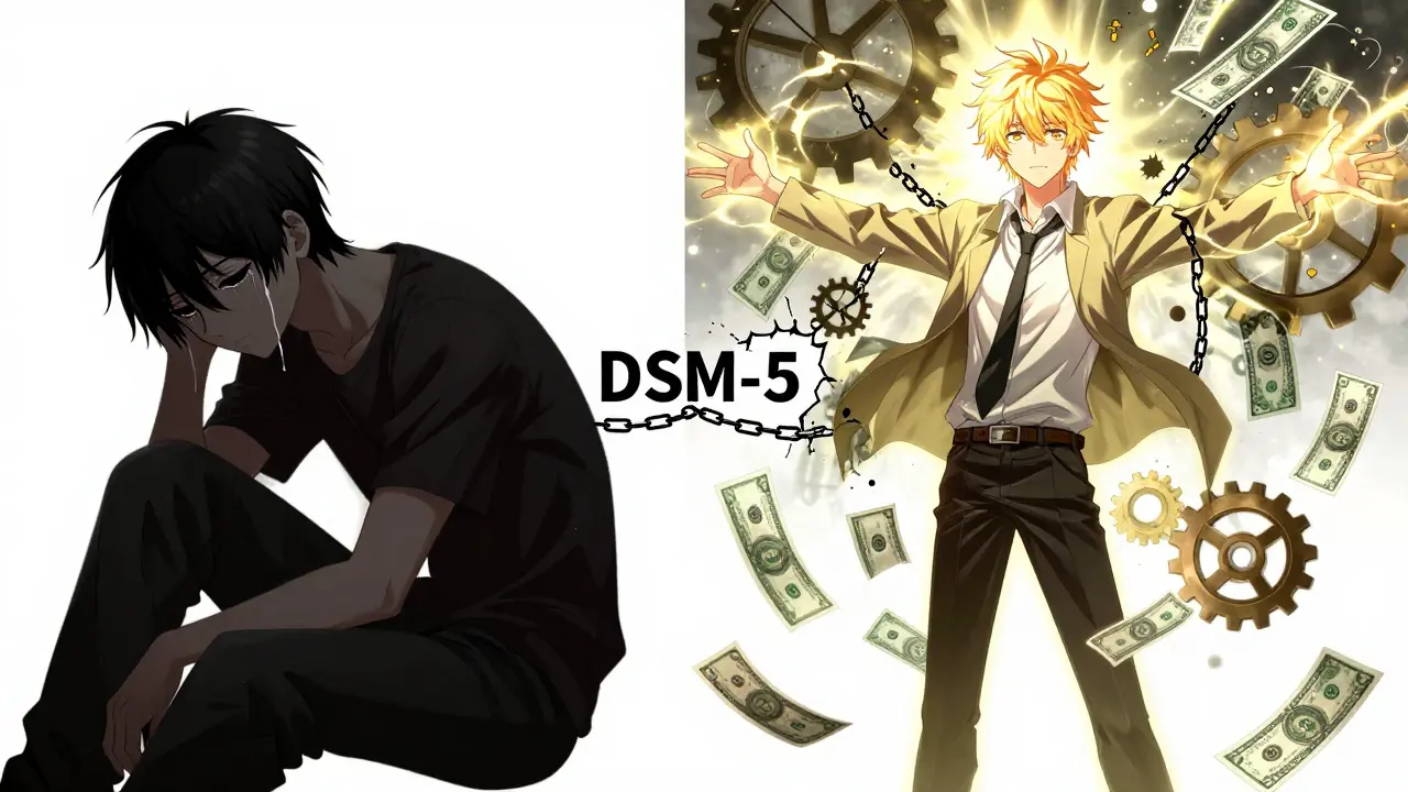 Two versions of a young man: one in despair, one in manic energy, connected by a broken chain.