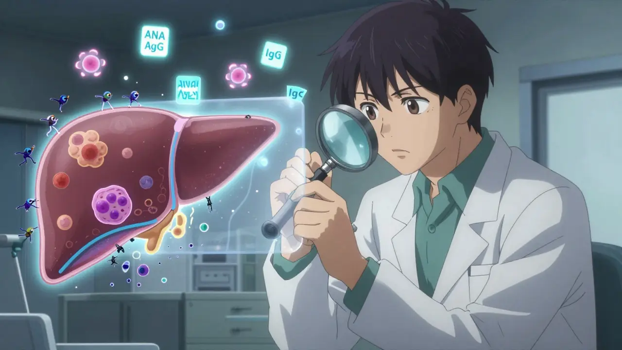 A doctor examining a biopsy slide showing immune cells invading liver tissue, with diagnostic symbols floating nearby.