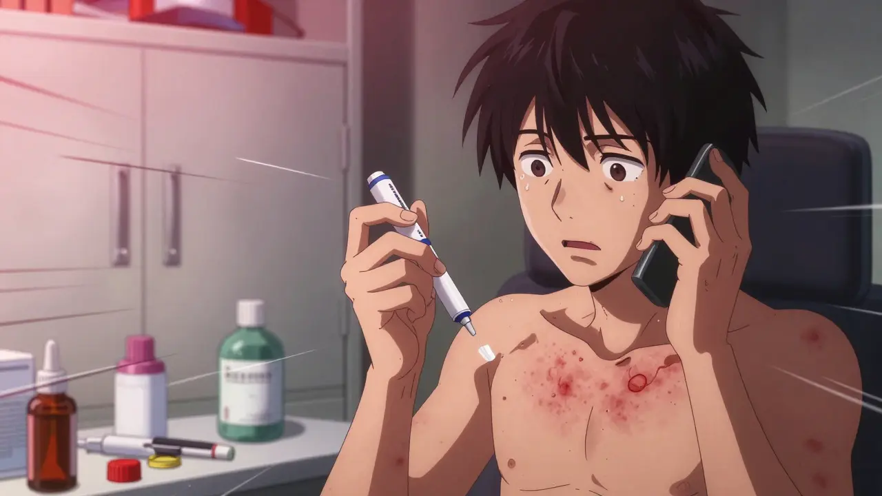 A father administers an EpiPen to a child having an allergic reaction, with emergency phone in hand.