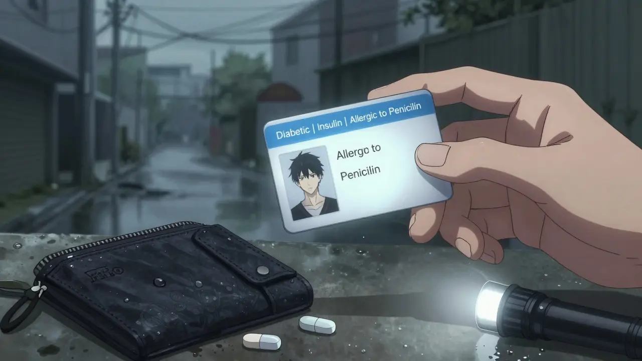 A glowing medical ID card rests on wet ground beside insulin pens and a cooling case, amidst flood damage and dim emergency light.