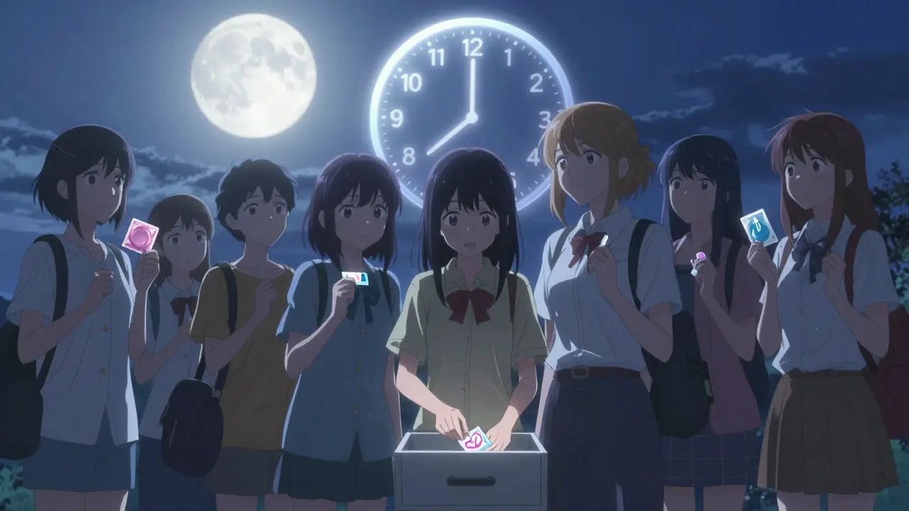 A group of women under the moon choosing contraception options, representing empowerment and informed choice.