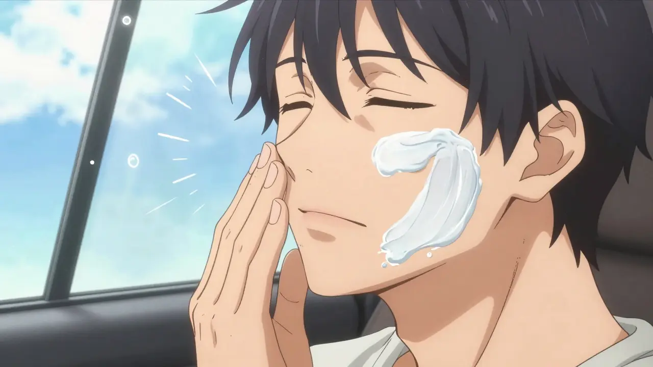 A hand meticulously applies white zinc oxide sunscreen to the face, with UV rays being reflected away.