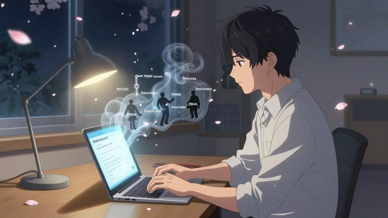 A man at a desk with a laptop showing a low generic drug price, corporate shadows dissolving around him.