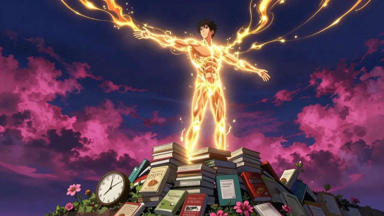 A man atop a pile of diet books as his body glows with reactivated metabolism and rising body temperature.