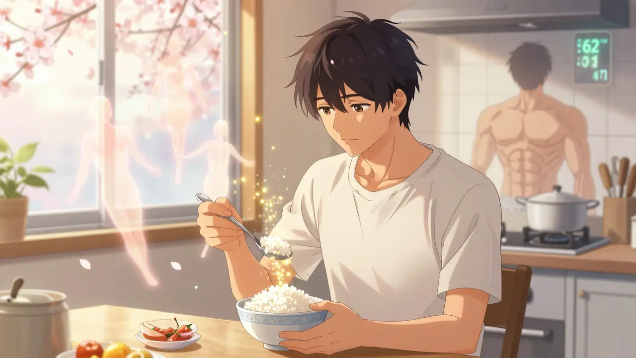 A man eating calmly in sunlight, with golden energy particles rising from food and his reflection showing muscle gain.