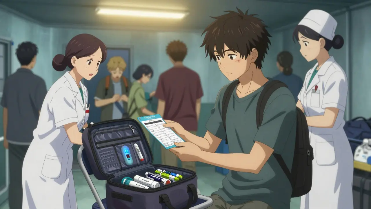 A man in an emergency shelter hands a waterproof medication list to a nurse, his go-bag open showing insulin and emergency supplies.