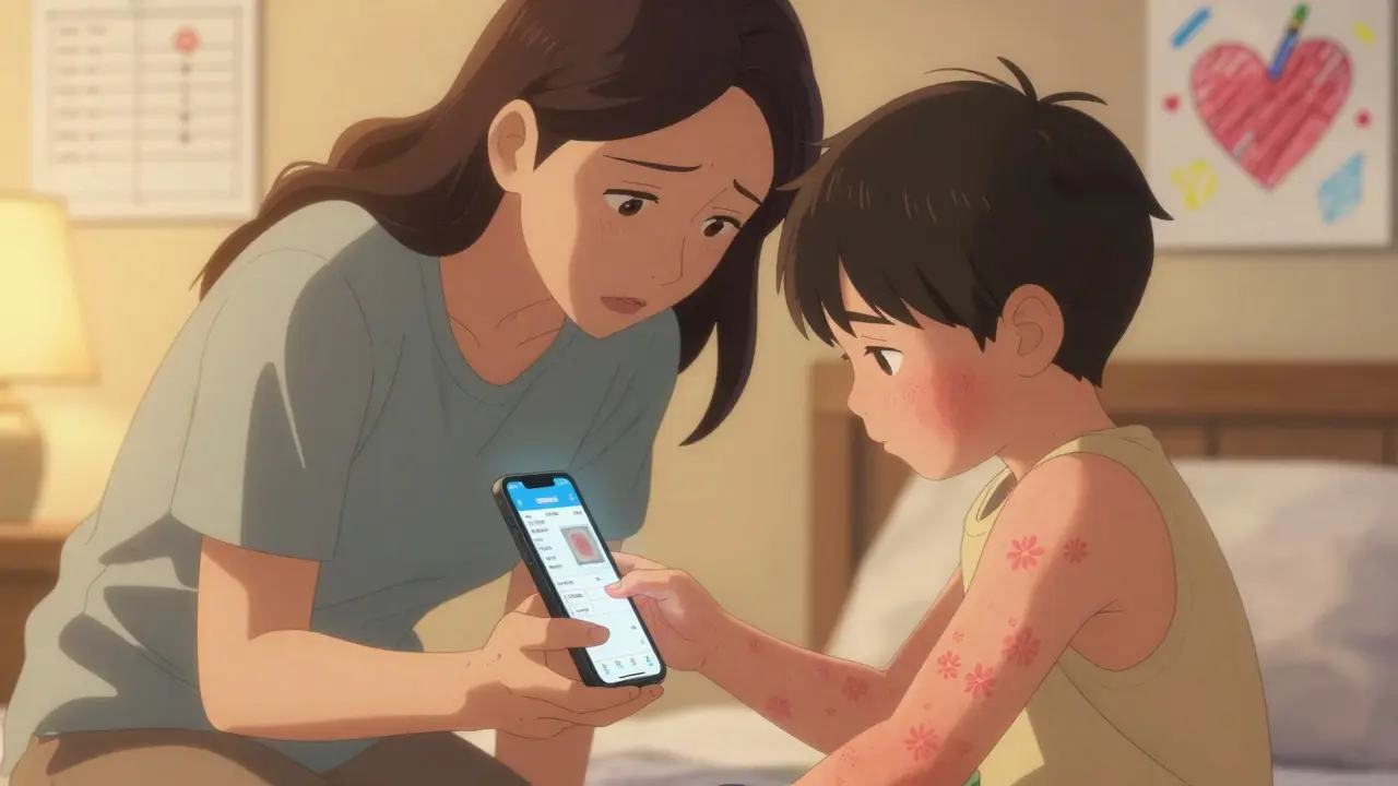 A mother checks a rash on her child’s arm using a medication tracking app on her phone.