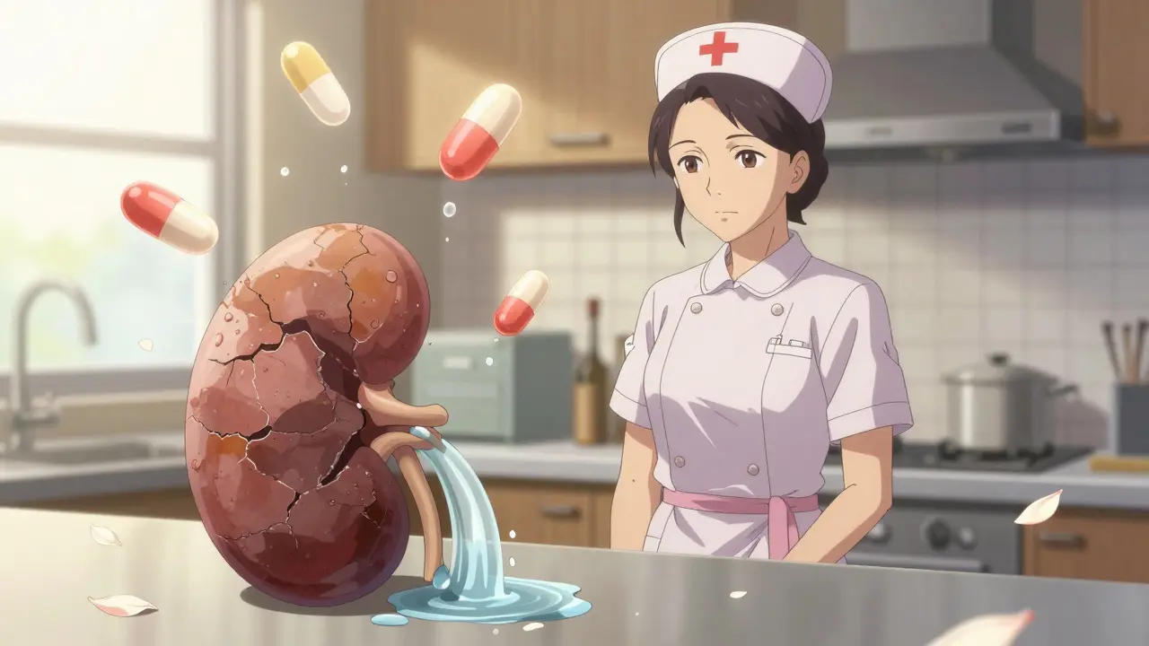 A nurse watches dissolving pain pills turn into a river flowing toward a damaged kidney in her kitchen.