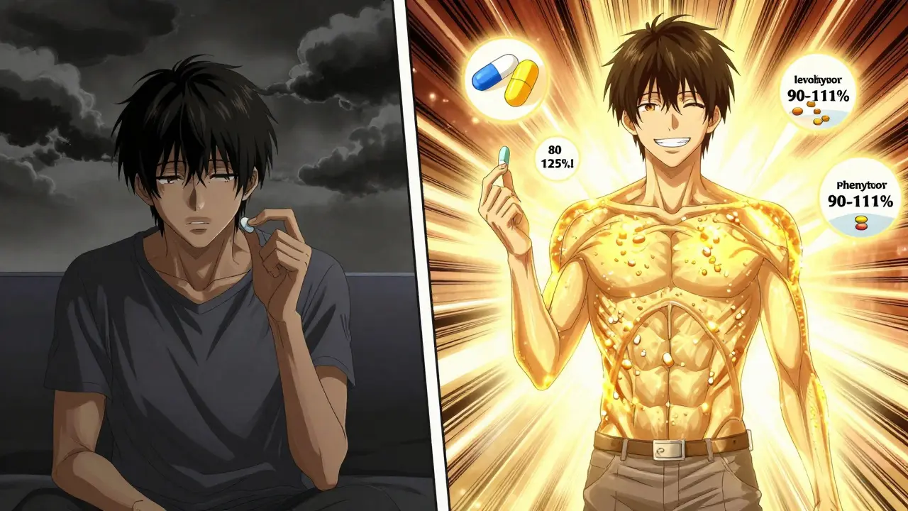 A patient transformed from worry to peace as a golden 80-125% interval surrounds them.