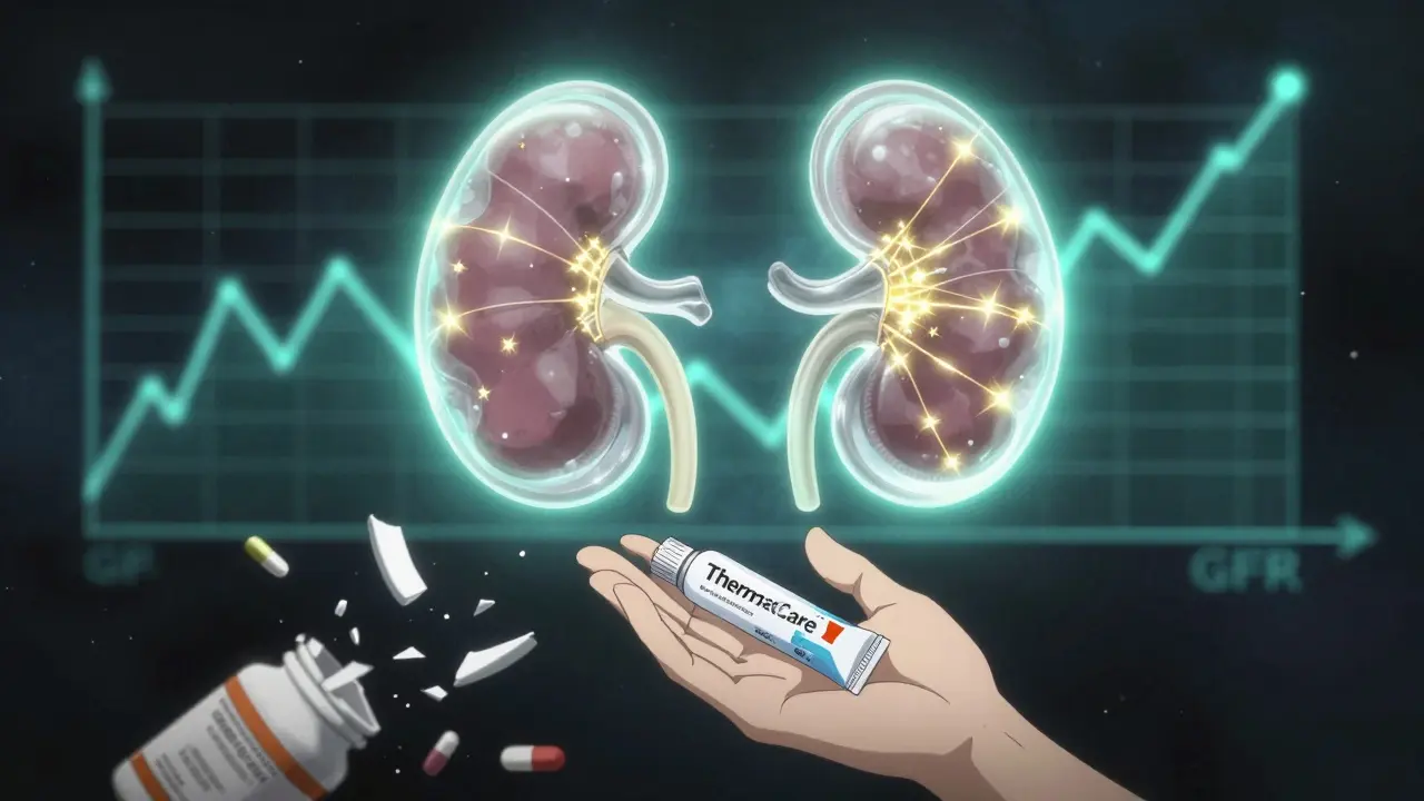A repaired glowing kidney floats in space as safer pain relief tools rise up, while pill bottles fall away.