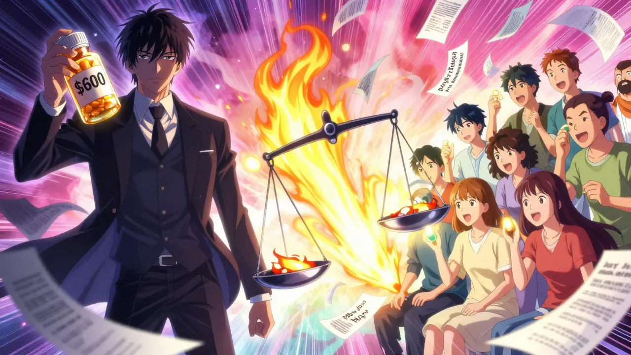 A shadowy executive contrasts with patients glowing with generic drug savings.