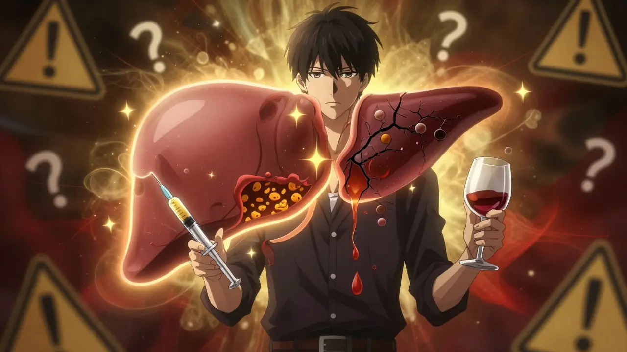 A symbolic split liver: one side healthy releasing glucose, the other damaged by alcohol and fat, man caught between.