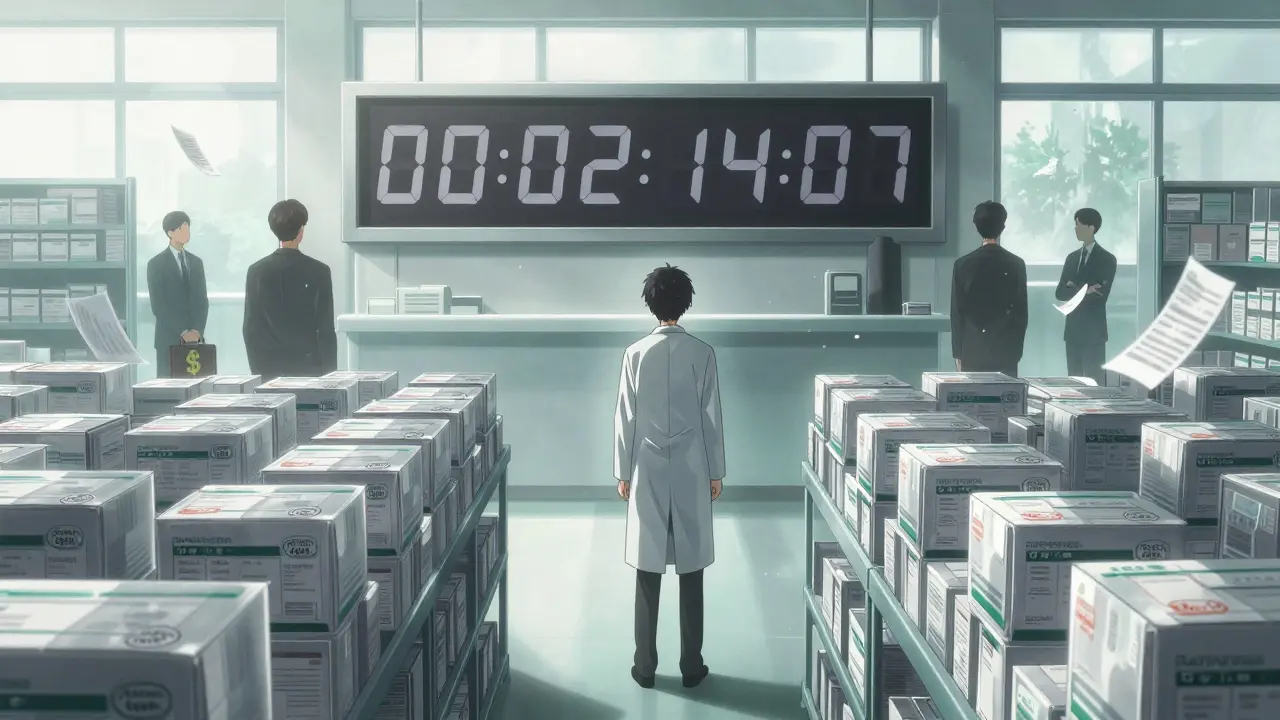A warehouse filled with tentatively approved generic drugs, with a countdown timer and shadowy corporate figures watching.