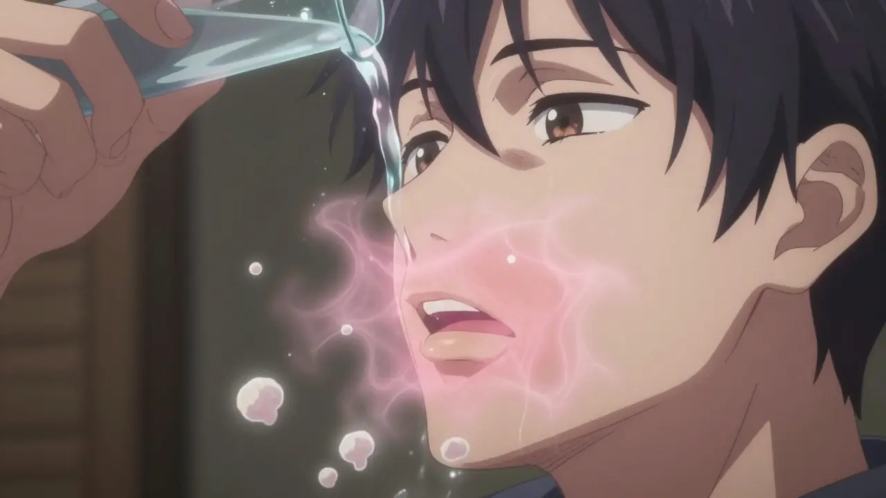 Close-up of a throat with fading white patches, cleansed by a shimmering stream of water, soft light highlighting healing.