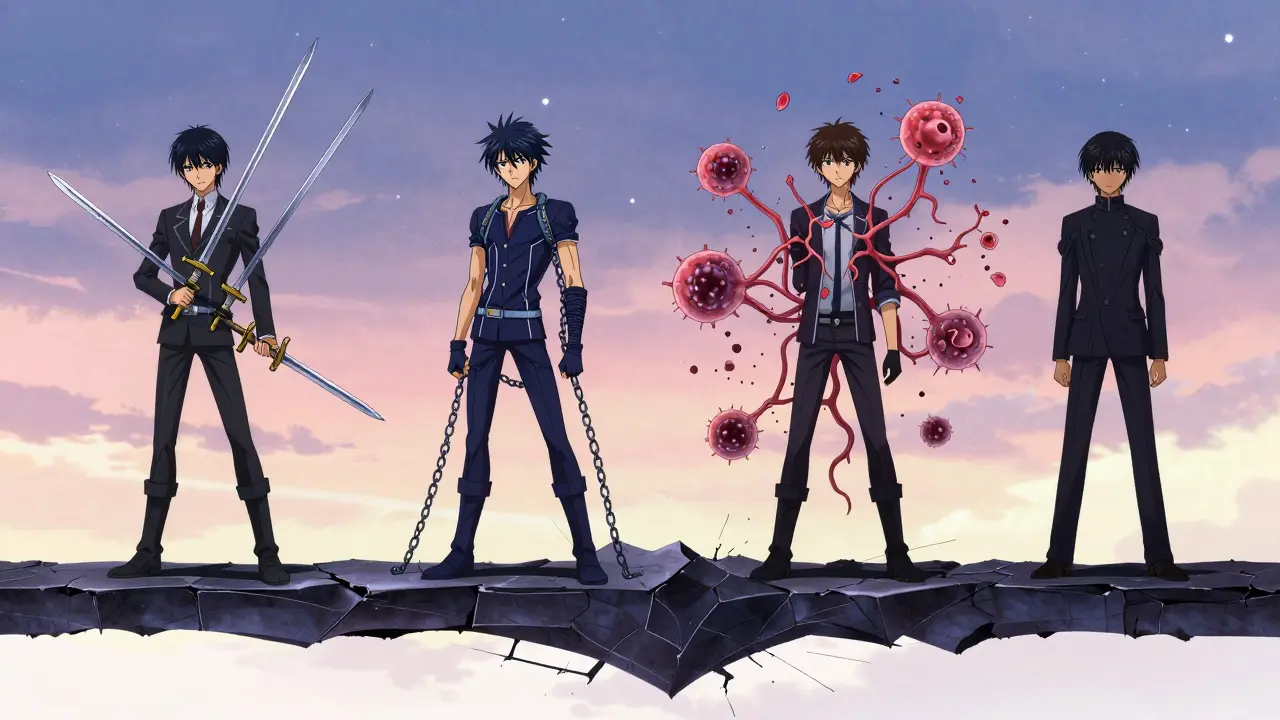 Four stylized figures representing different MS attack patterns standing on a broken blood-brain barrier bridge.