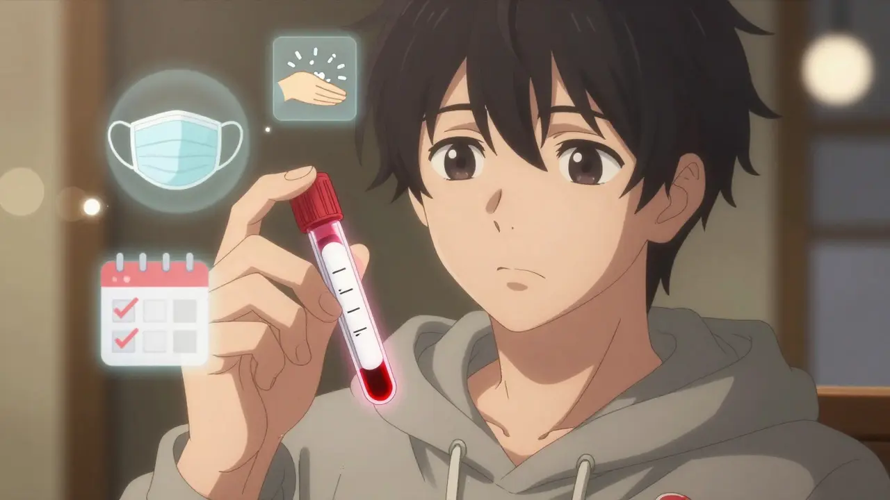 Hand holding blood test vial with glowing drug levels, floating icons of health habits around it, anime style